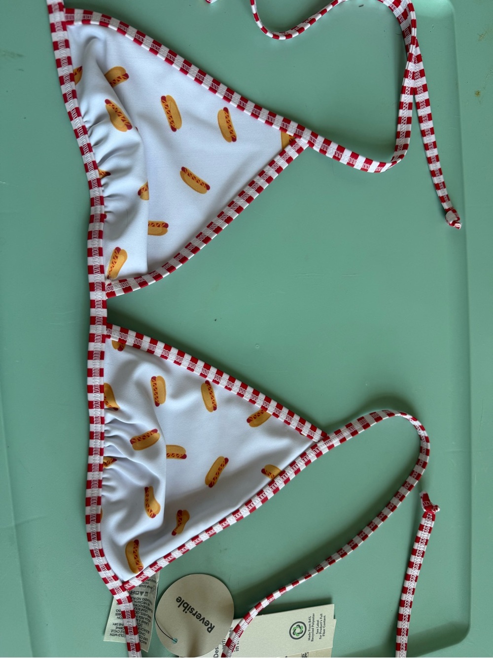 No Boundaries White Hot Dog Print Triangle Bikini Top with Red Check Trim